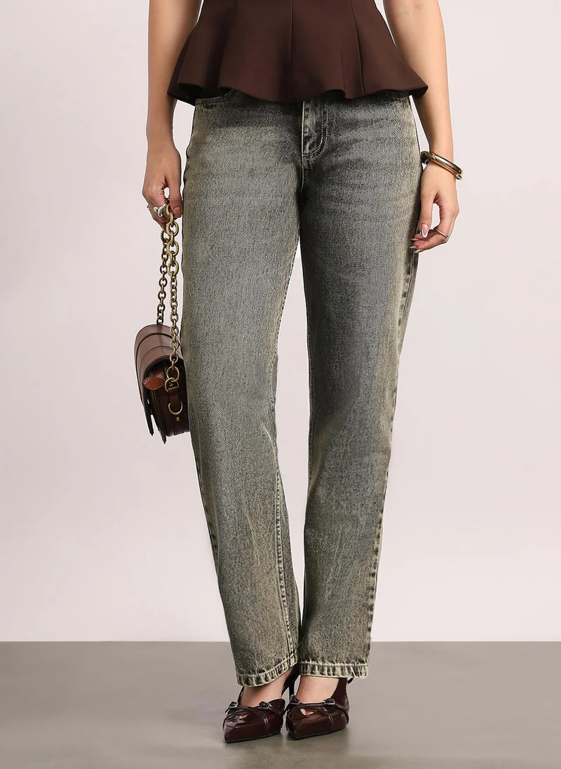 Urbano Fashion Women's Ice Grey High Rise Straight Fit Washed Jeans Non-Stretchable